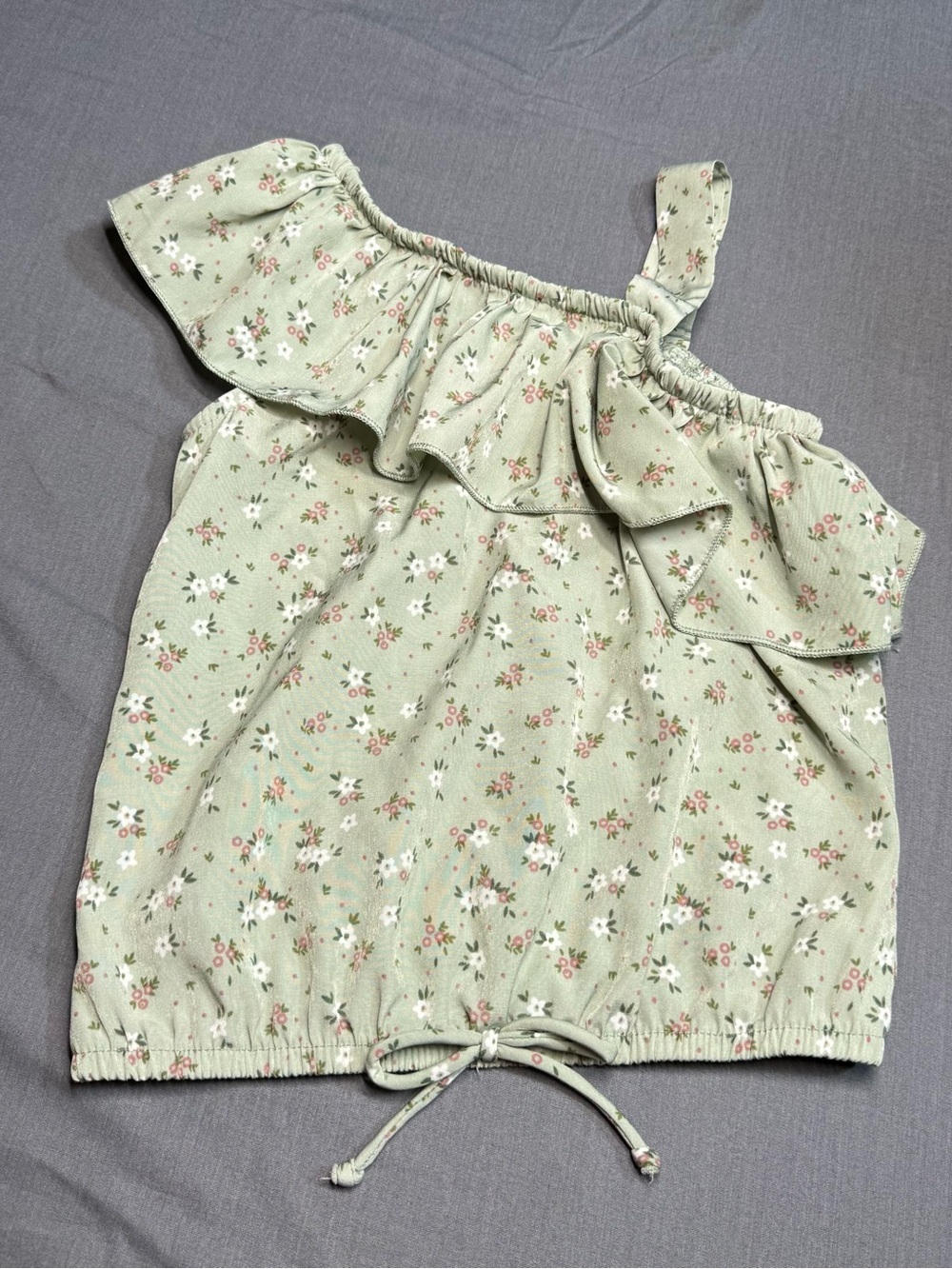 Girls One-Shoulder Ruffle Top in Sage Floral